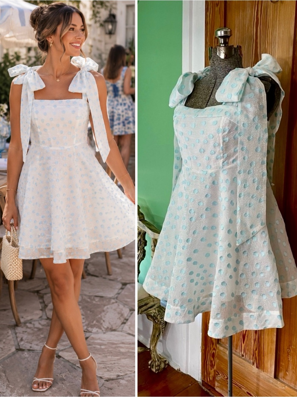 NWT Mable Goldie Blue Dot Tie Bow Mini Fit & Flare Dress - Sz Large